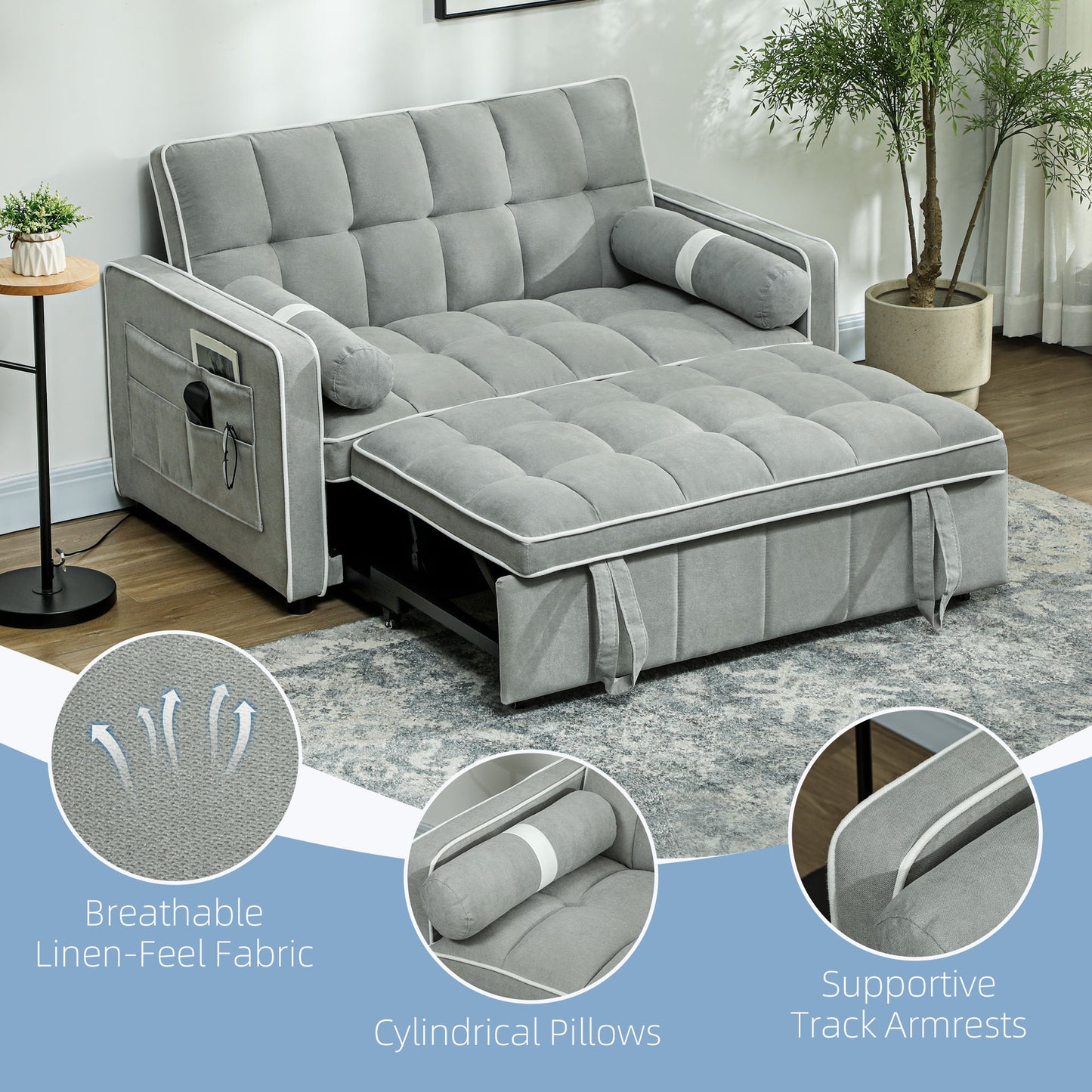 Tapa Linen Effect Light Grey Upholstered 2 Seater Sofa Bed White Trim