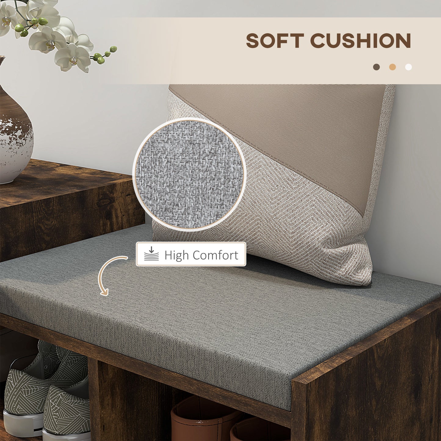 Nata Wooden Rustic Brown Multi Compartment Shoe Bench With Grey Cushioned Seat