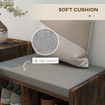 Nata Wooden Rustic Brown Multi Compartment Shoe Bench With Grey Cushioned Seat