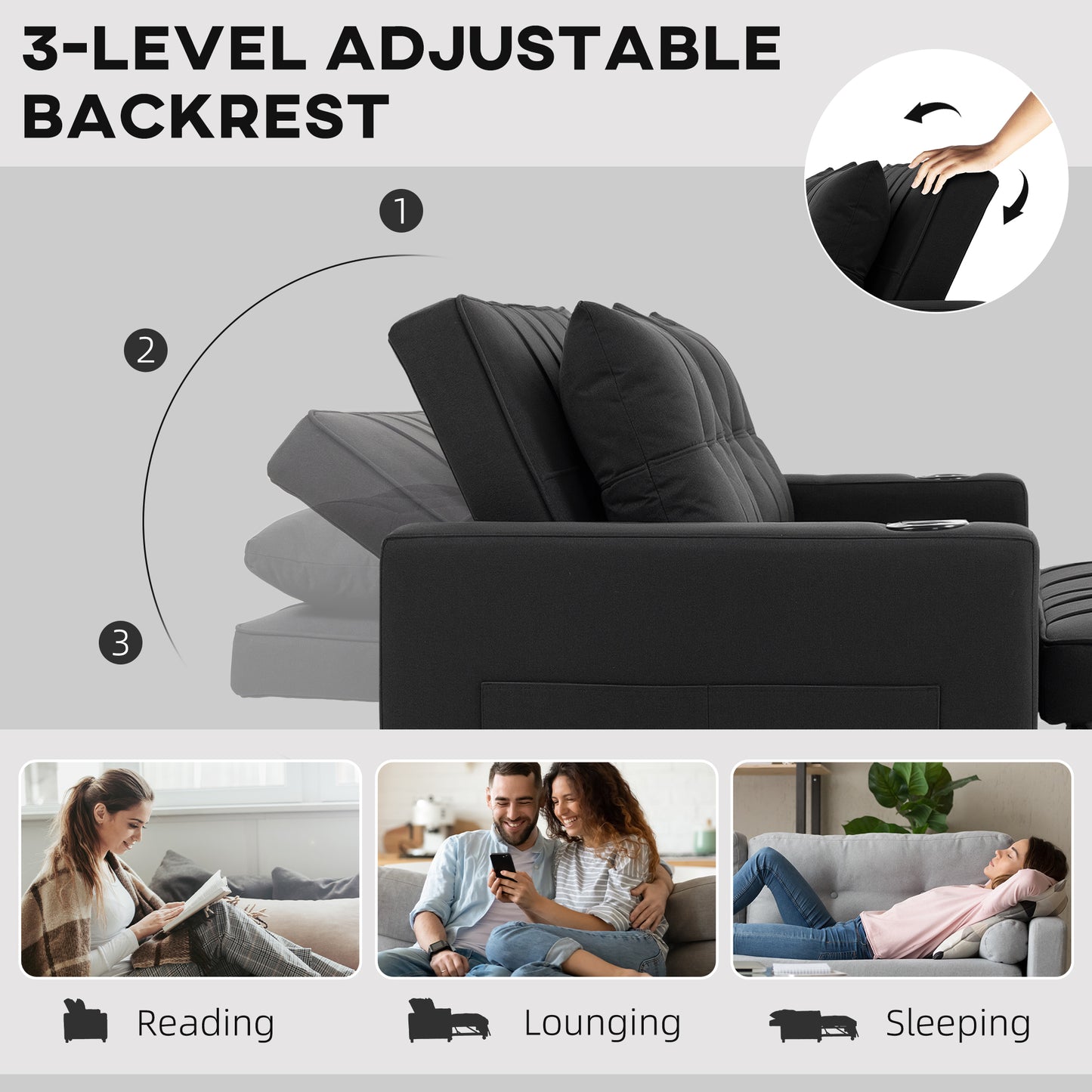 Kanovi Fabric Black 2 Seater Pull Out Sofa Bed