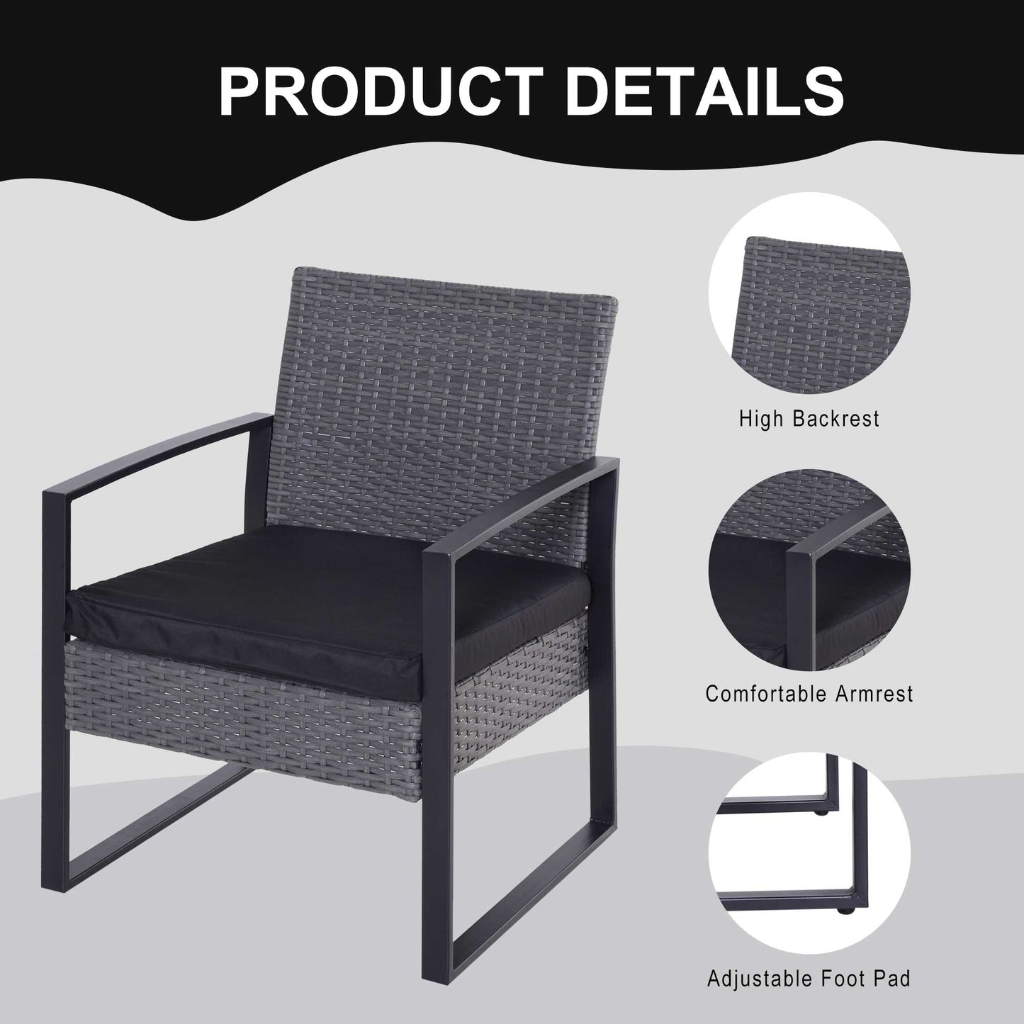 Seha Dark Grey Rattan 2 Seater Outdoor Bistro Set With Black Cushions
