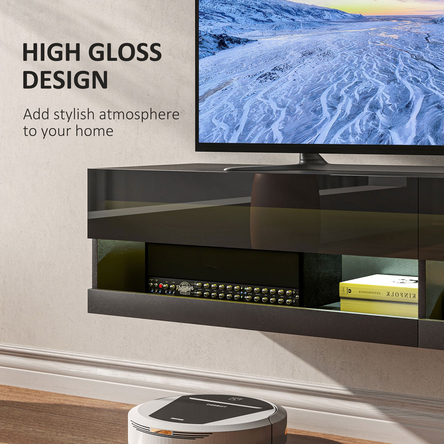 Vare 150cm High Gloss Black Floating TV Unit With LED Lighting For Screens Up To 65 Inches