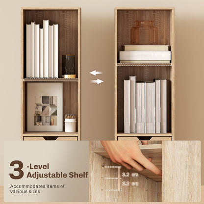 Lamoke Colu Wooden Natural Finish Tall Narrow 6 Tier Bookcase With Drawer And Door