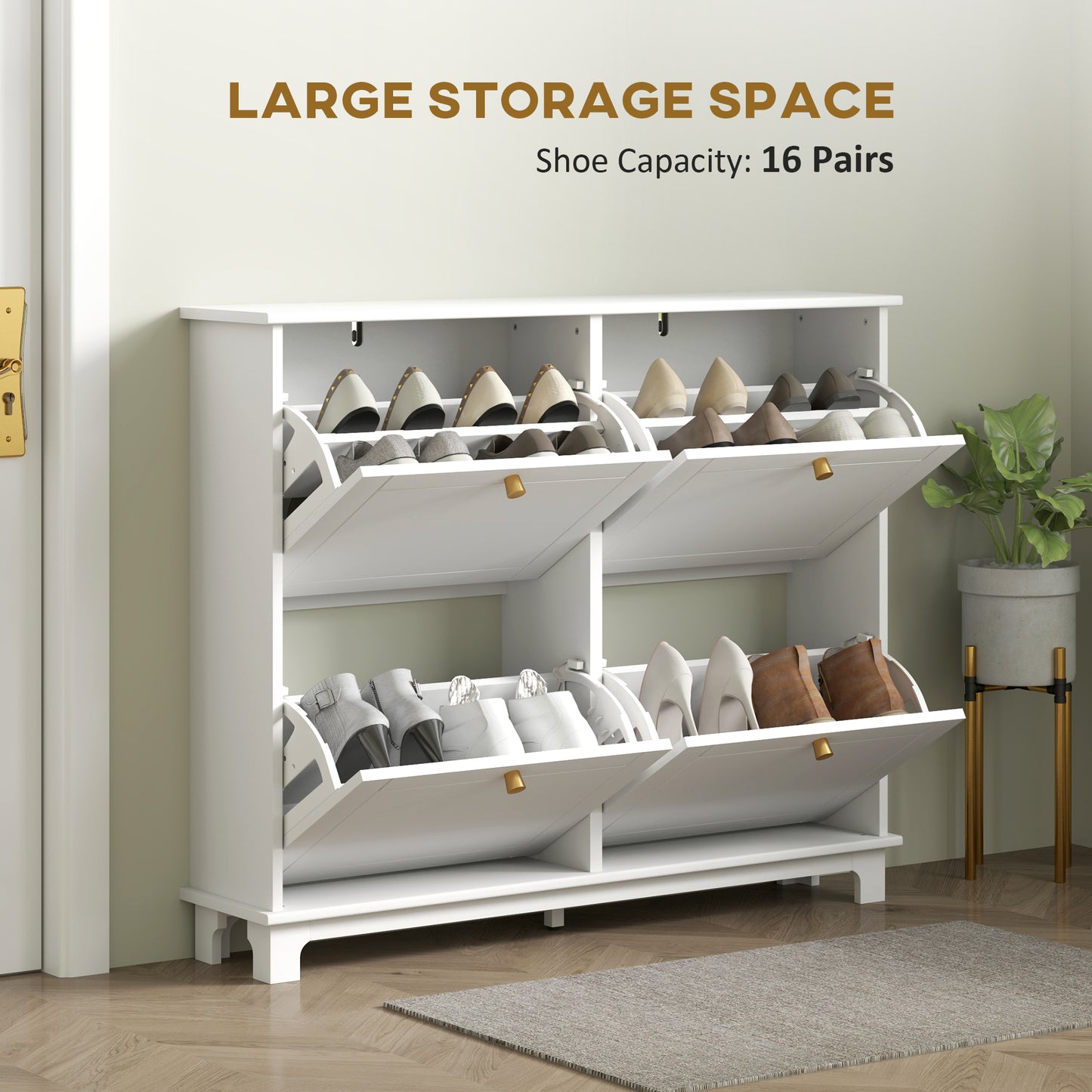 Zisuka Wooden White Slim Shoe Cupboard With 4 Flip Drawers For 16 Pairs