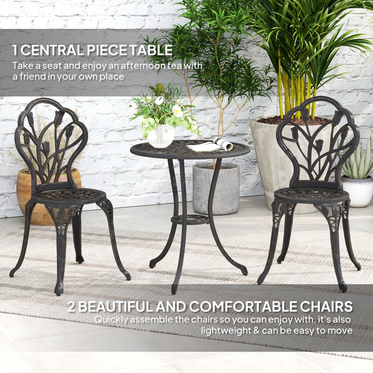 Fafire Aluminium Bronze Tone 3 Piece Patio Bistro Set With Umbrella Hole Table And Chairs