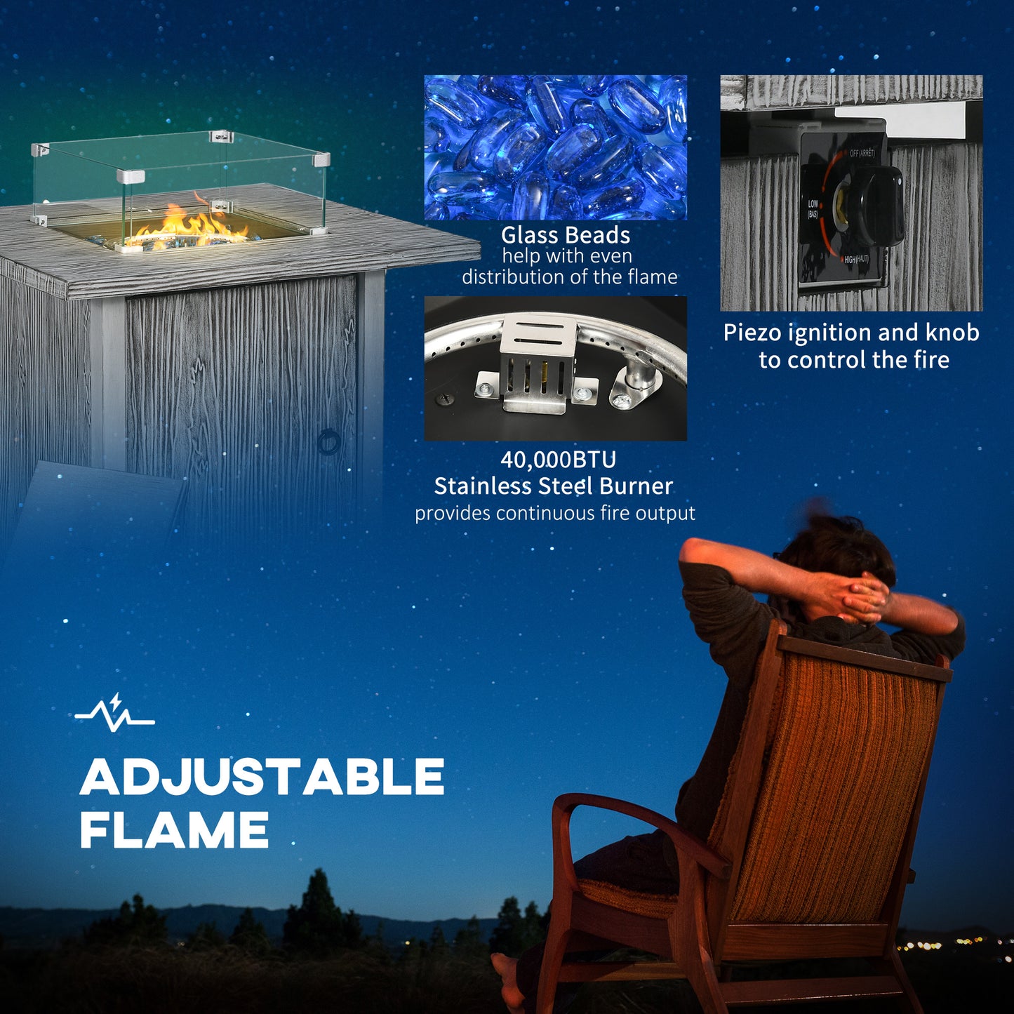 Zisefasu Steel Grey Wood Effect Gas Fire Pit Table with Cover And Glass Screen