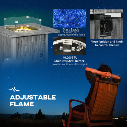 Zisefasu Steel Grey Wood Effect Gas Fire Pit Table with Cover And Glass Screen