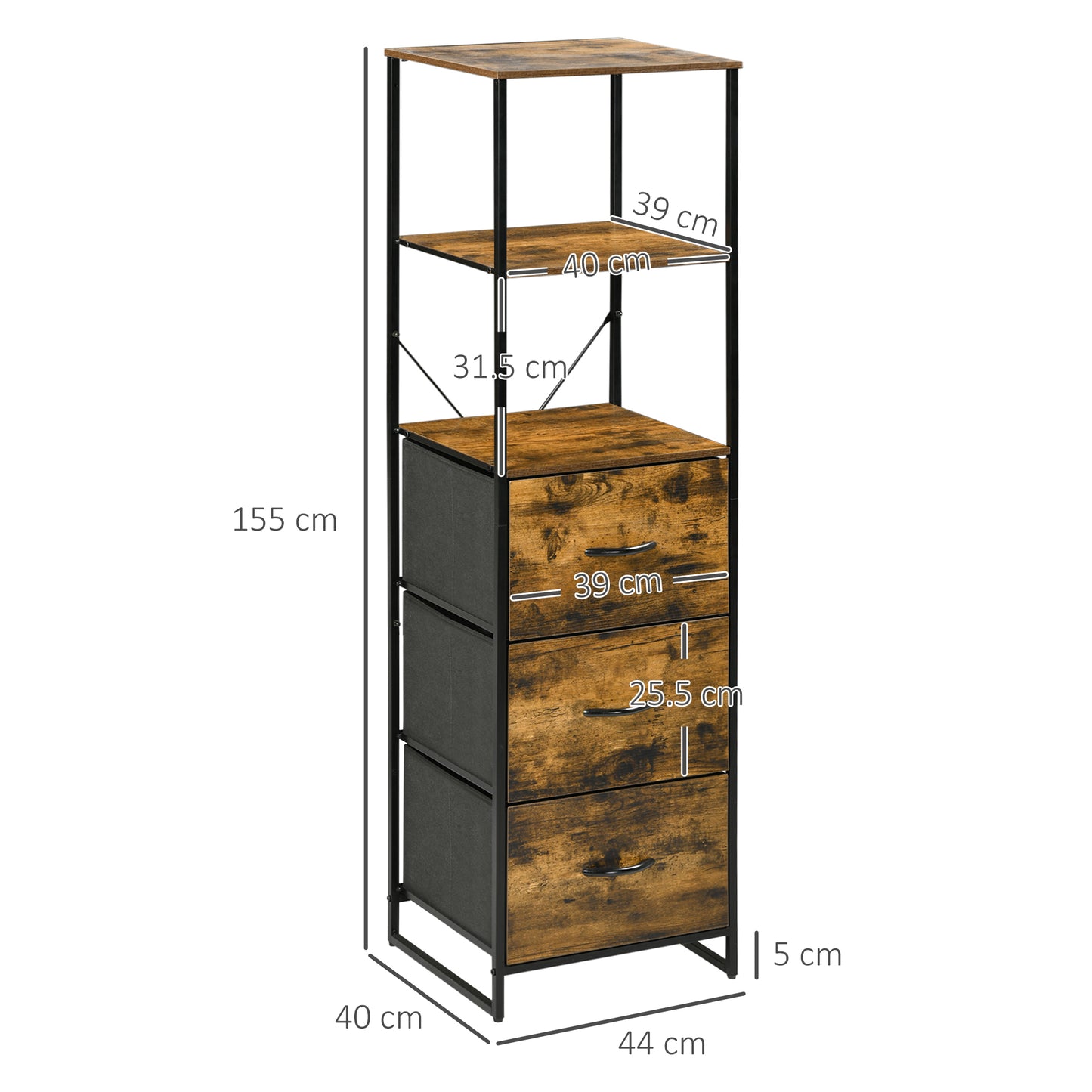 Rana Black Metal And Rustic Brown Unit With Shelves And Fabric Drawers