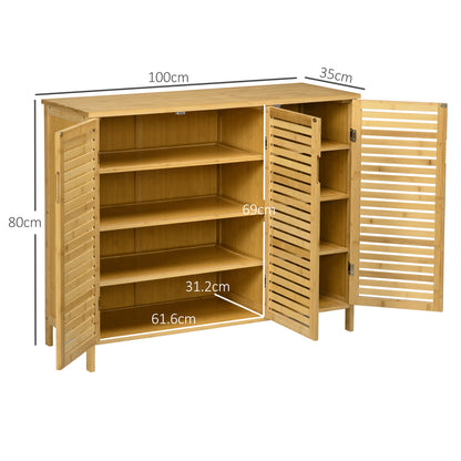 Elfi Naba Wooden Natural Rustic Slatted 3 Door Shoe Cabinet With 8 Shelves