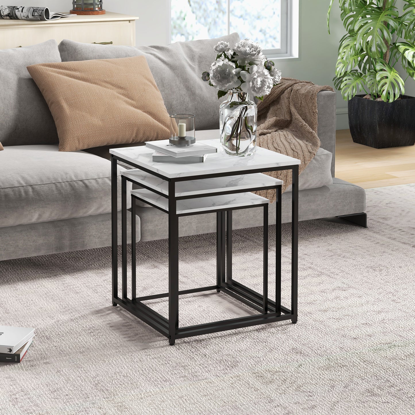 Rekaco Wooden Marble Effect Set Of 3 Nesting Tables