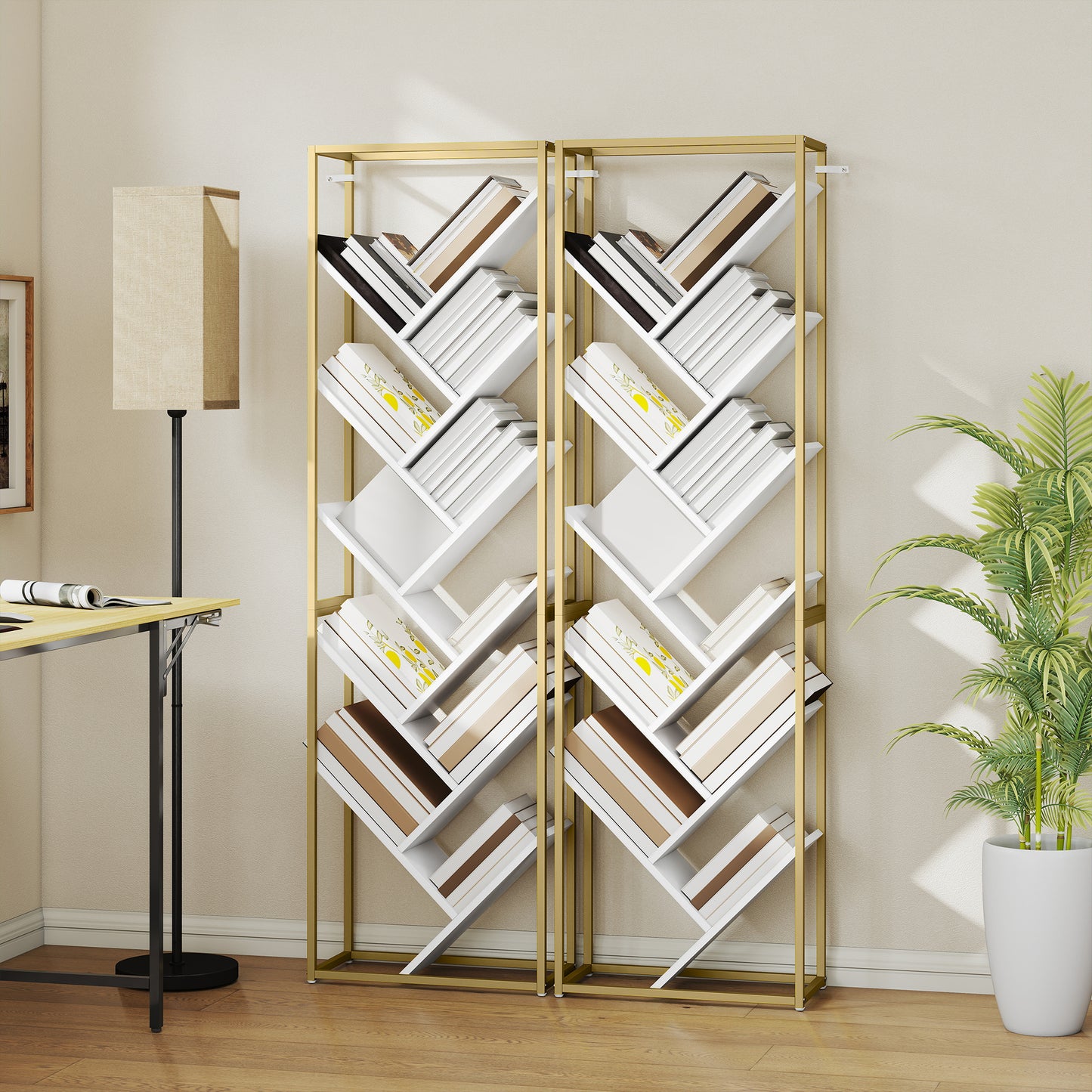 Loelne Wood And Metal Gold Tone And White 10 Tier Modern Display Bookcase