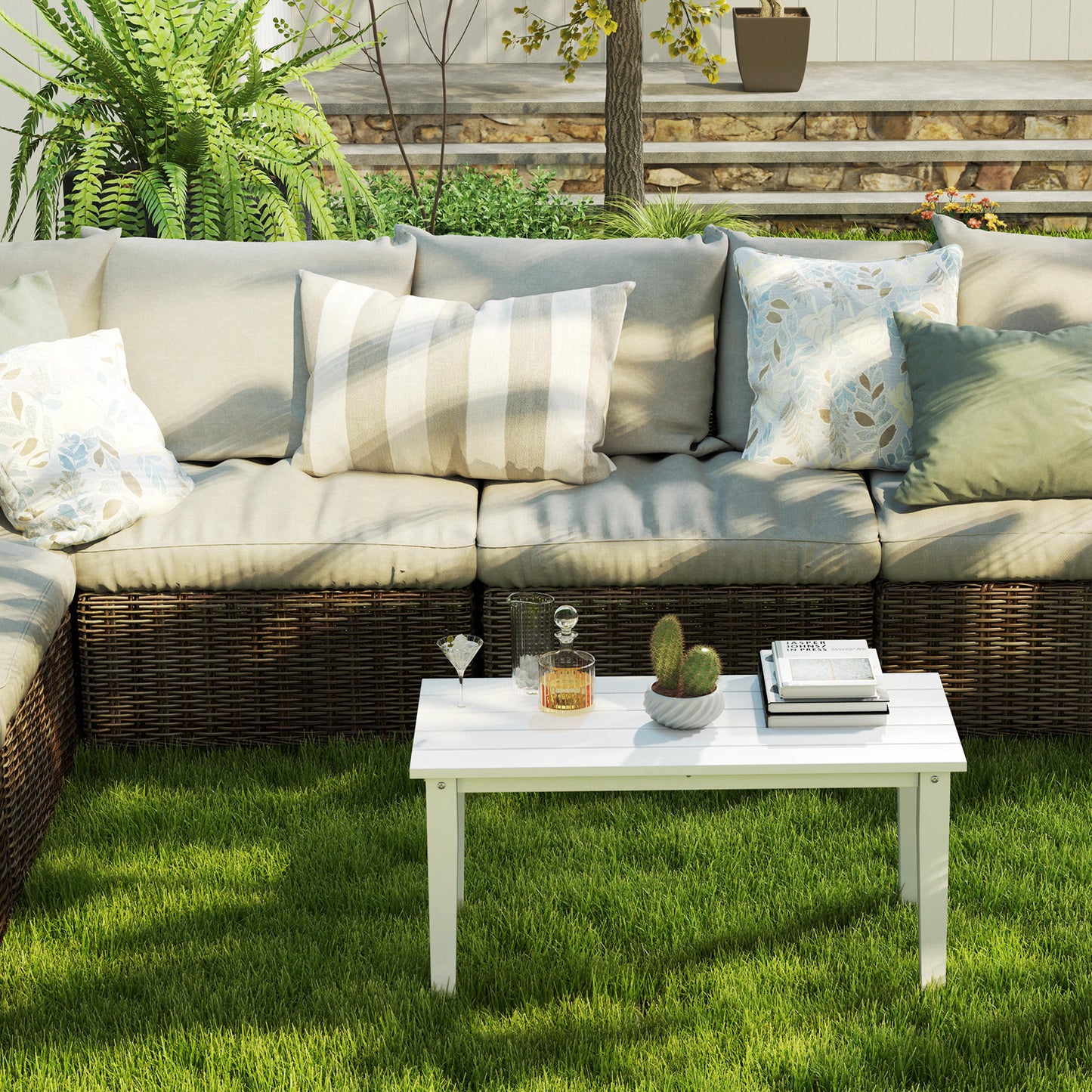 Harota Wooden White Outdoor Rectangular Coffee Table With Slatted Top For Garden And Balcony Use