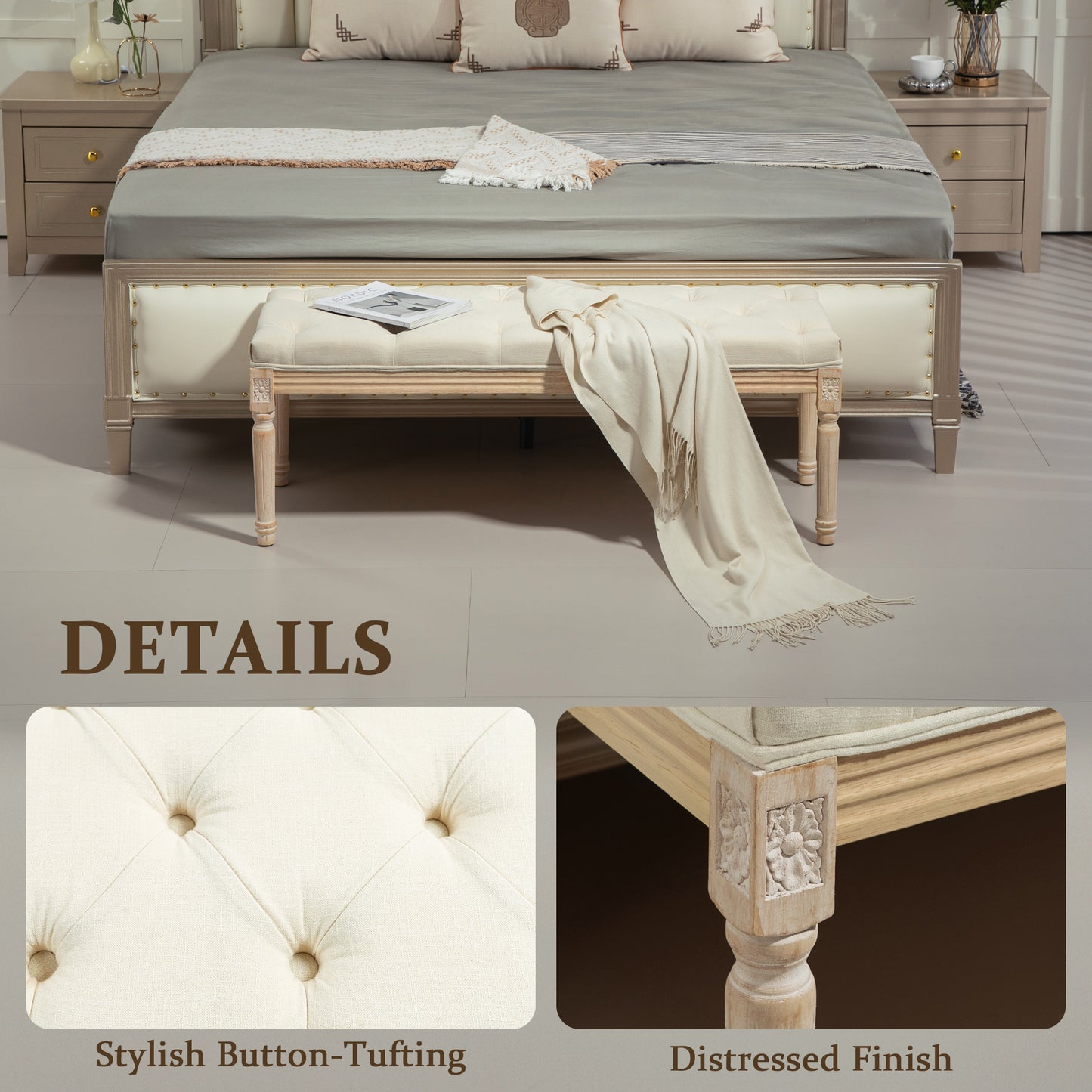 Vero Vintage Style Natural and Cream Wooden Bed End Bench