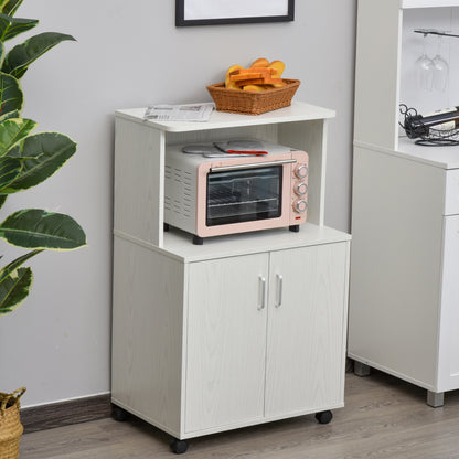 Fari Move Wooden White Microwave Stand Kitchen Trolley With Storage Cabinet And Locking Wheels