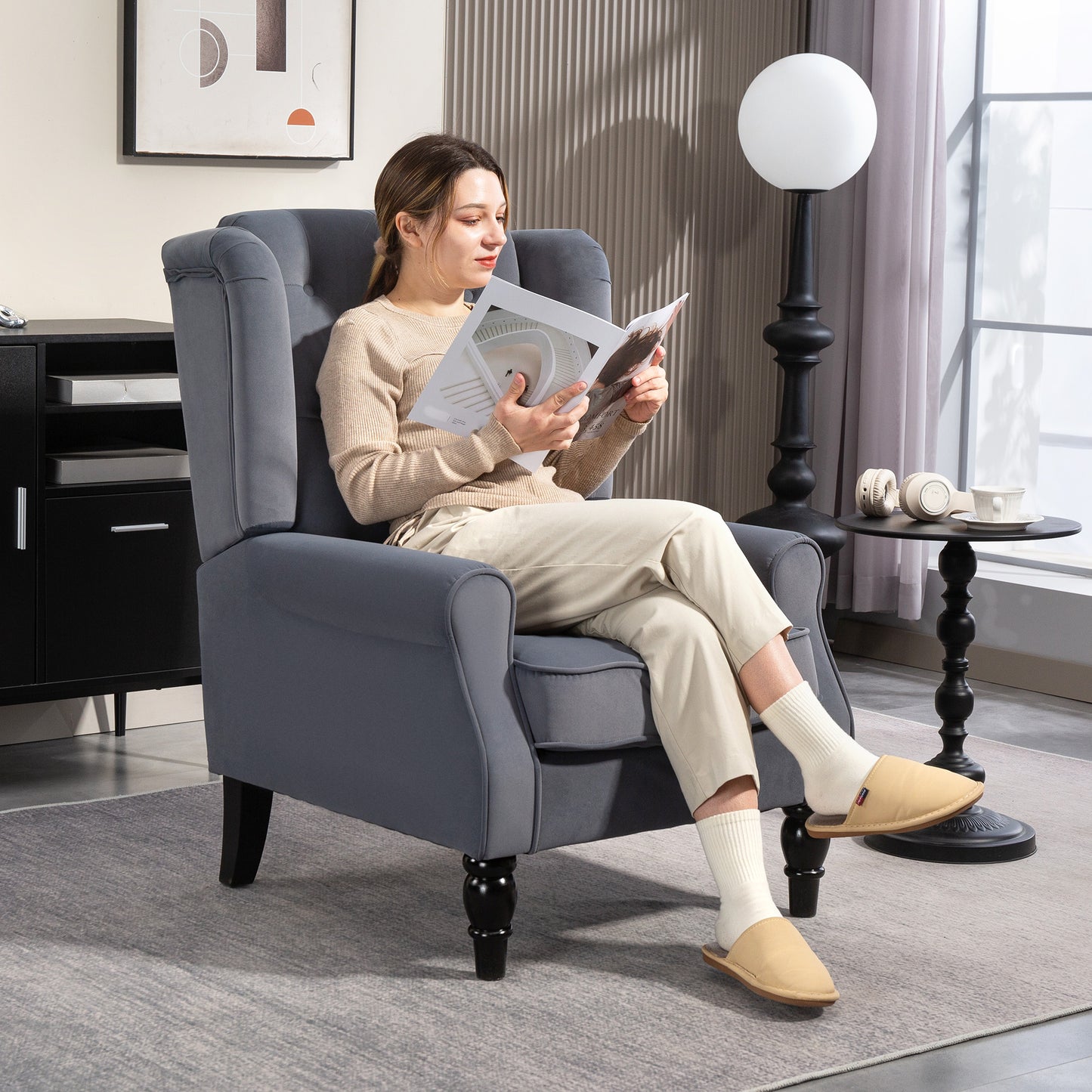 Vanola Fabric Grey Retro Wingback Accent Armchair With Diamond Button Tufted Upholstery