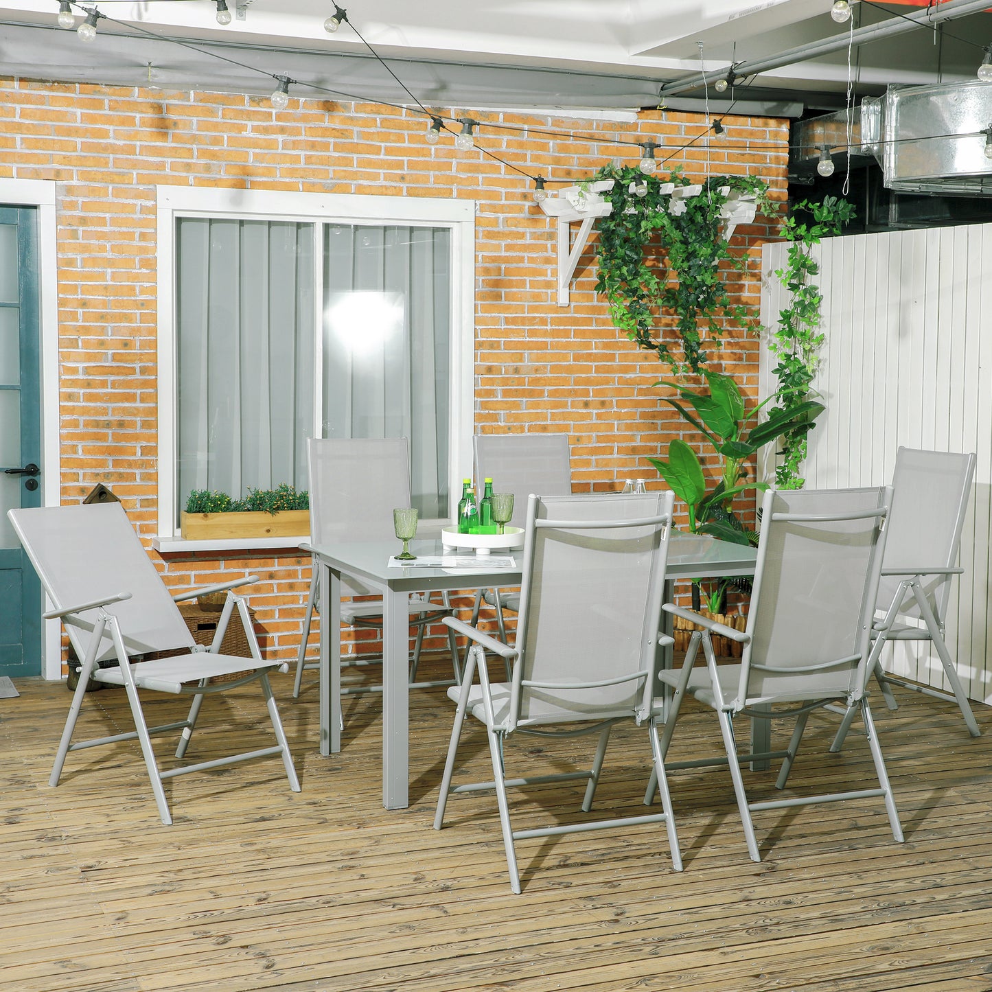 Pasano 6 Seater Light Grey Garden Dining Set Outdoor Tempered Glass Top Table and Folding Mesh Chairs