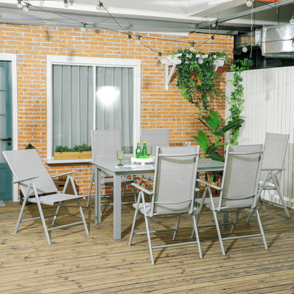 Pasano 6 Seater Light Grey Garden Dining Set Outdoor Tempered Glass Top Table and Folding Mesh Chairs