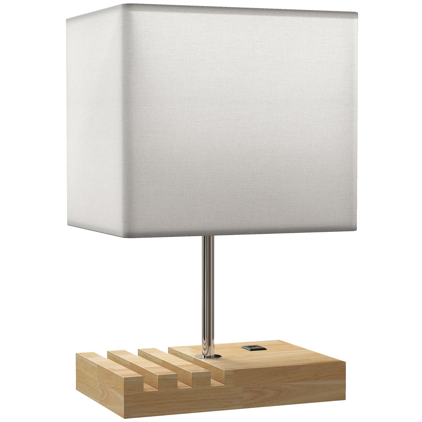 Hael Wood And Fabric White Bedside Table Lamp With USB Charging Ports Phone Stands And Fabric Shade