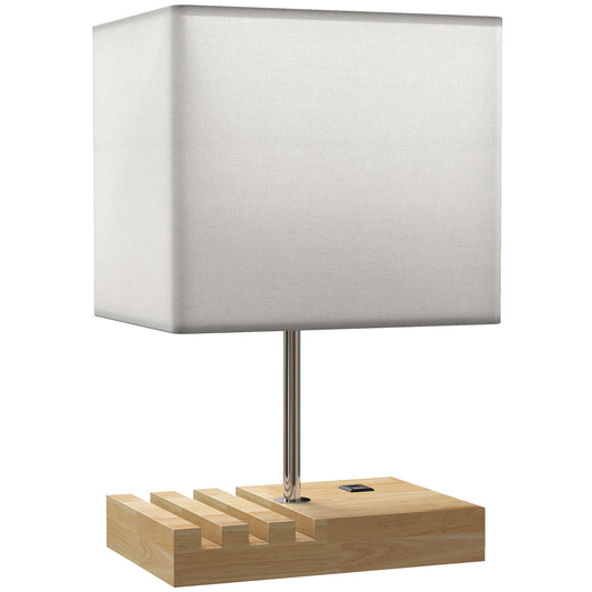 Hael Wood And Fabric White Bedside Table Lamp With USB Charging Ports Phone Stands And Fabric Shade