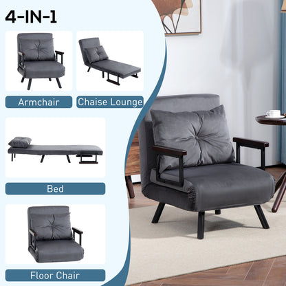 Tanopa Velvet Charcoal Grey 4 In One Convertible Single Chair Bed With Pillow