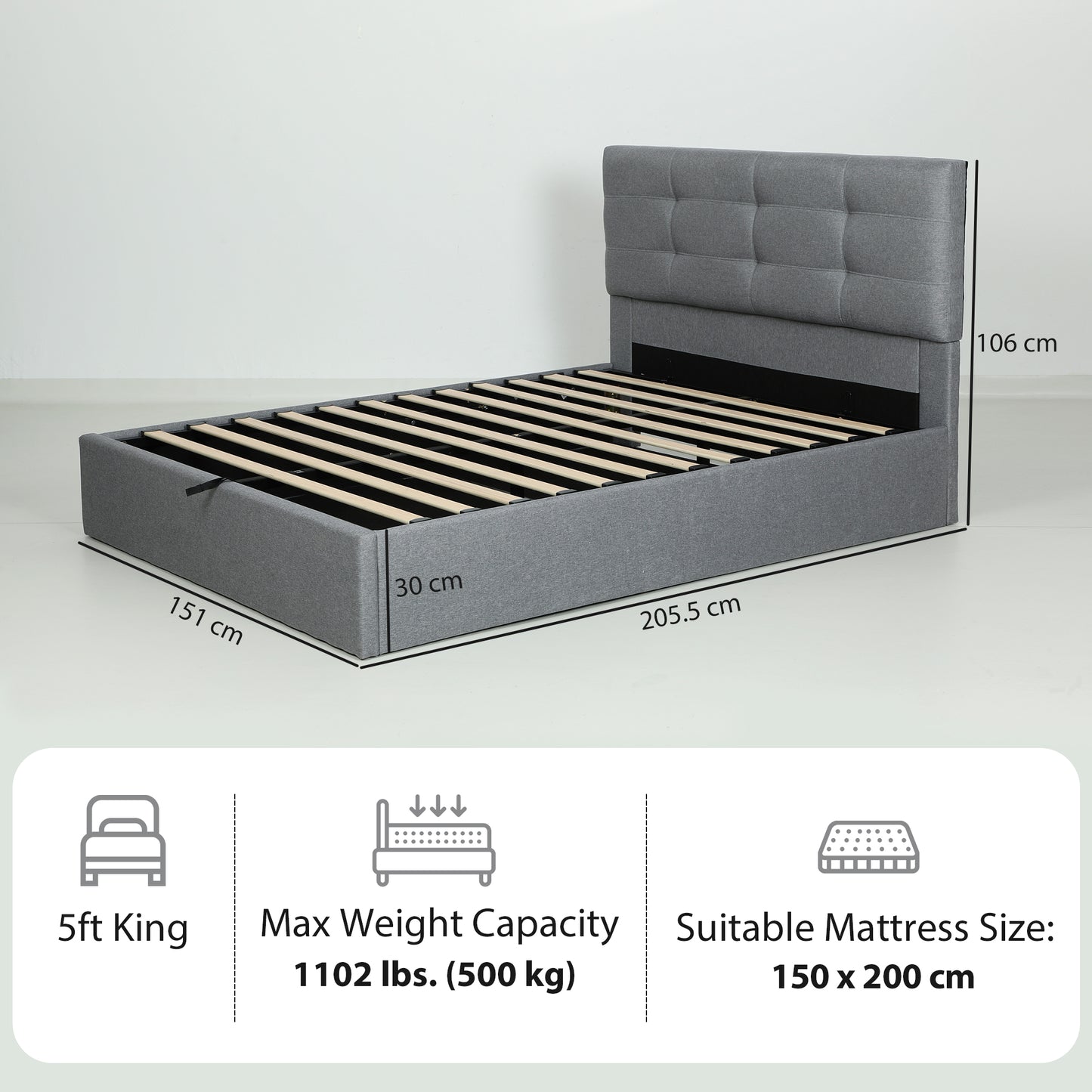 Vivafa 5FT King Ottoman Bed with Gas Lift Storage Grey