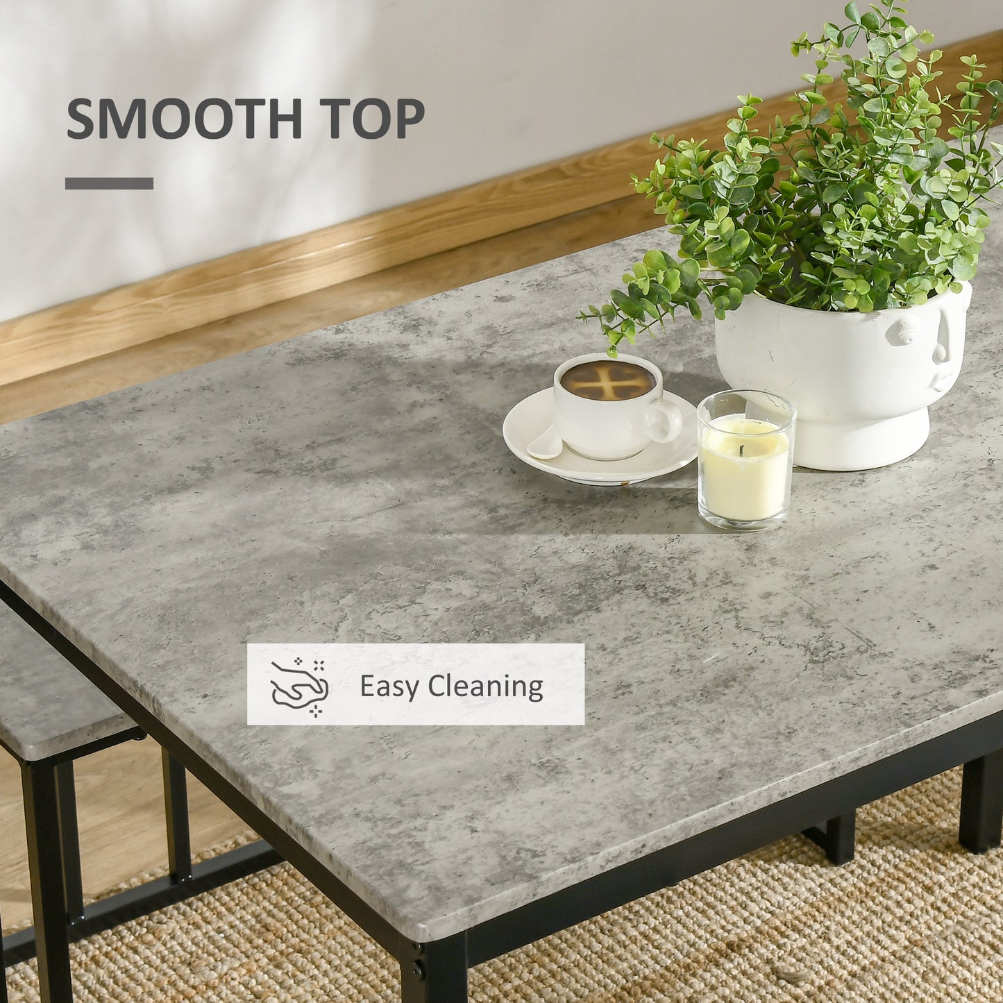 Suroso Metal And Wood Grey Concrete Effect Dining Table And Bench Set For 4