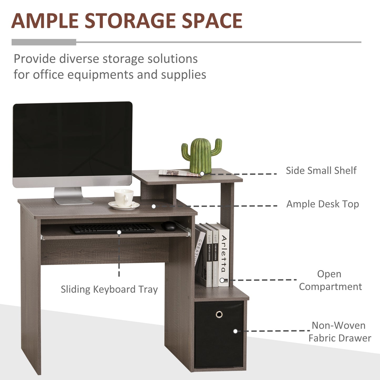 Ramo 100cm Wooden Grey Home Office Desk With Keyboard Tray Drawer And Side Shelving