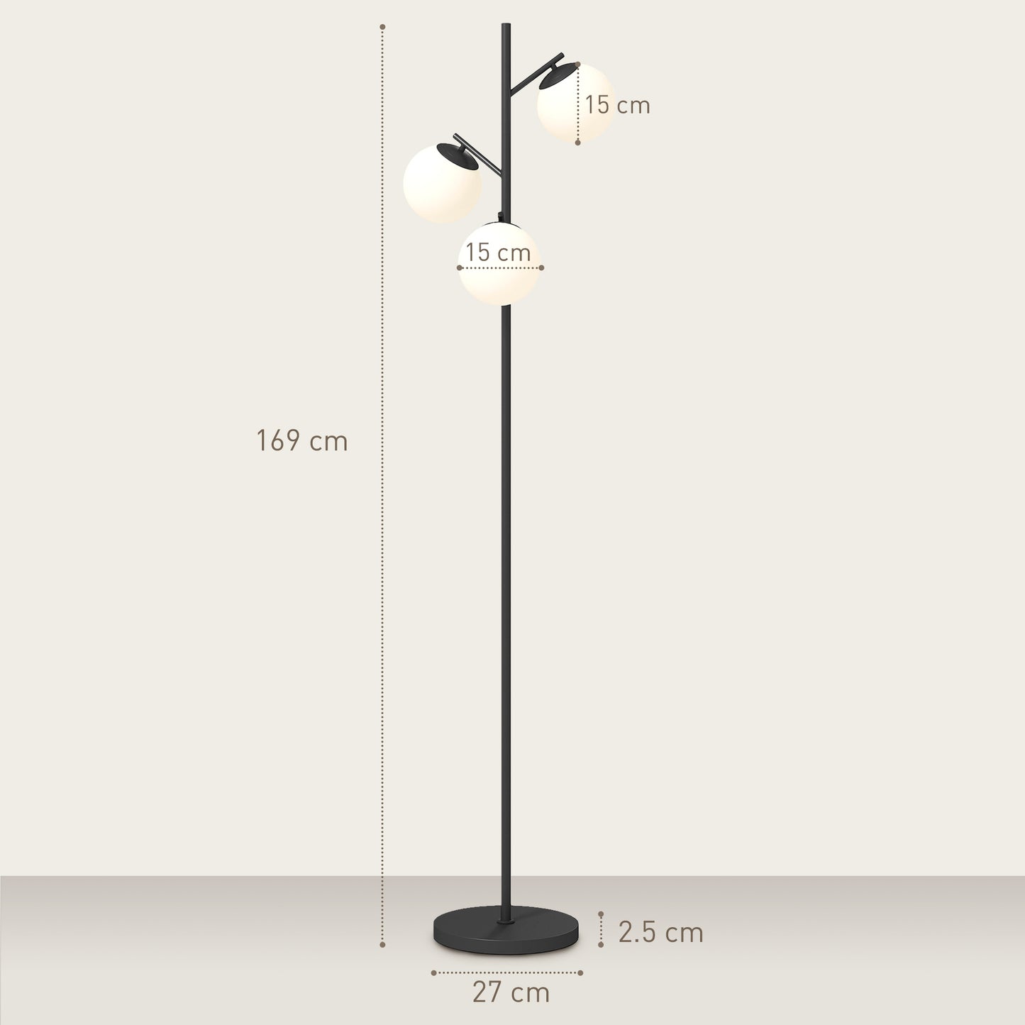 Dorizi Metal Black 3 Light Tree Floor Lamp With Globe Shades And Steel Base