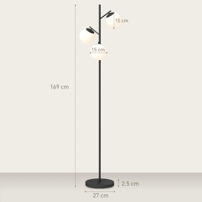 Dorizi Metal Black 3 Light Tree Floor Lamp With Globe Shades And Steel Base