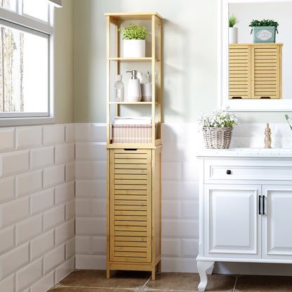Rolema Tall Slim Bamboo Bathroom Storage Cabinet With 3 Tier Shelving Natural Finish