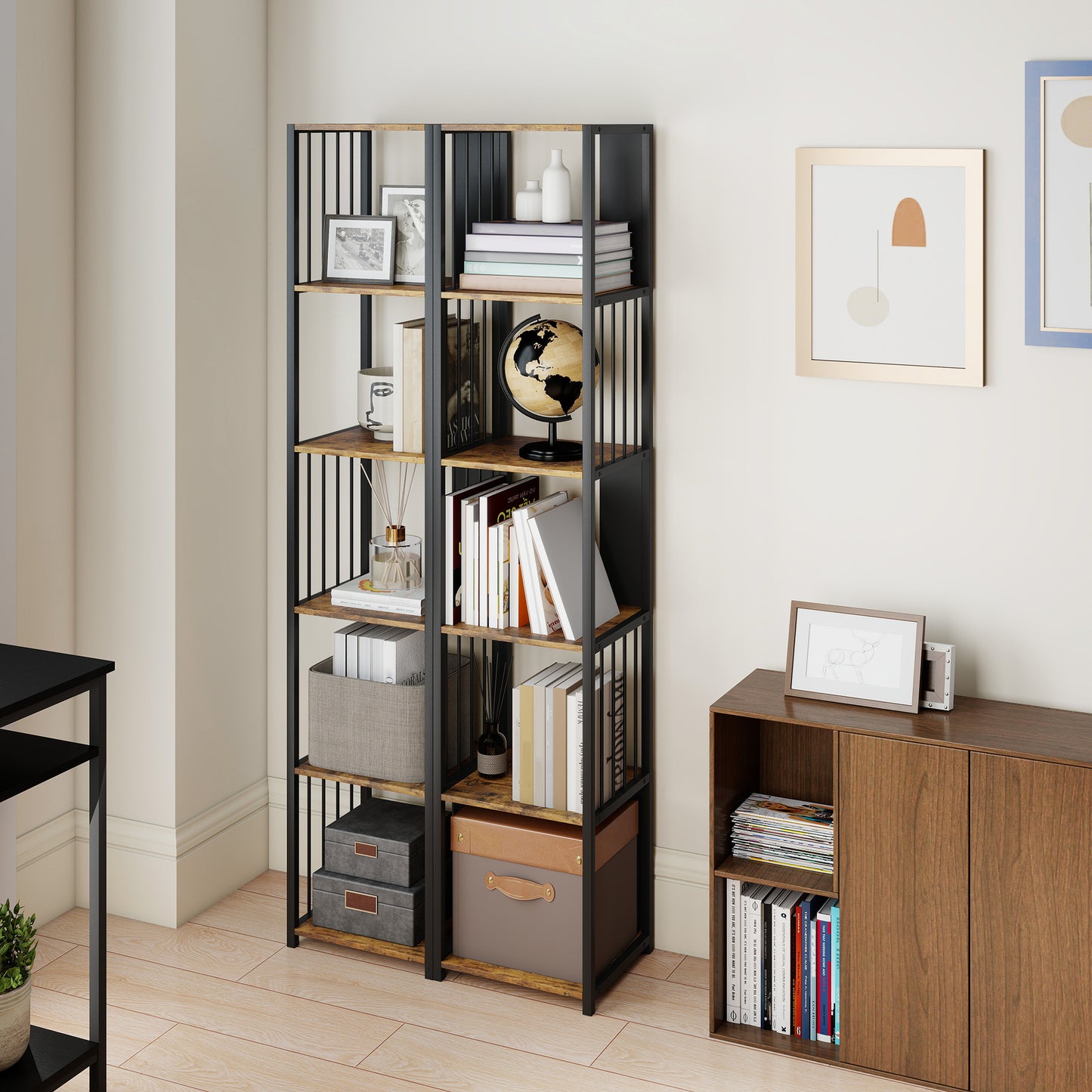 Remo Metal And Wood Rustic Brown 5 Tier Bookshelf With Steel Frame