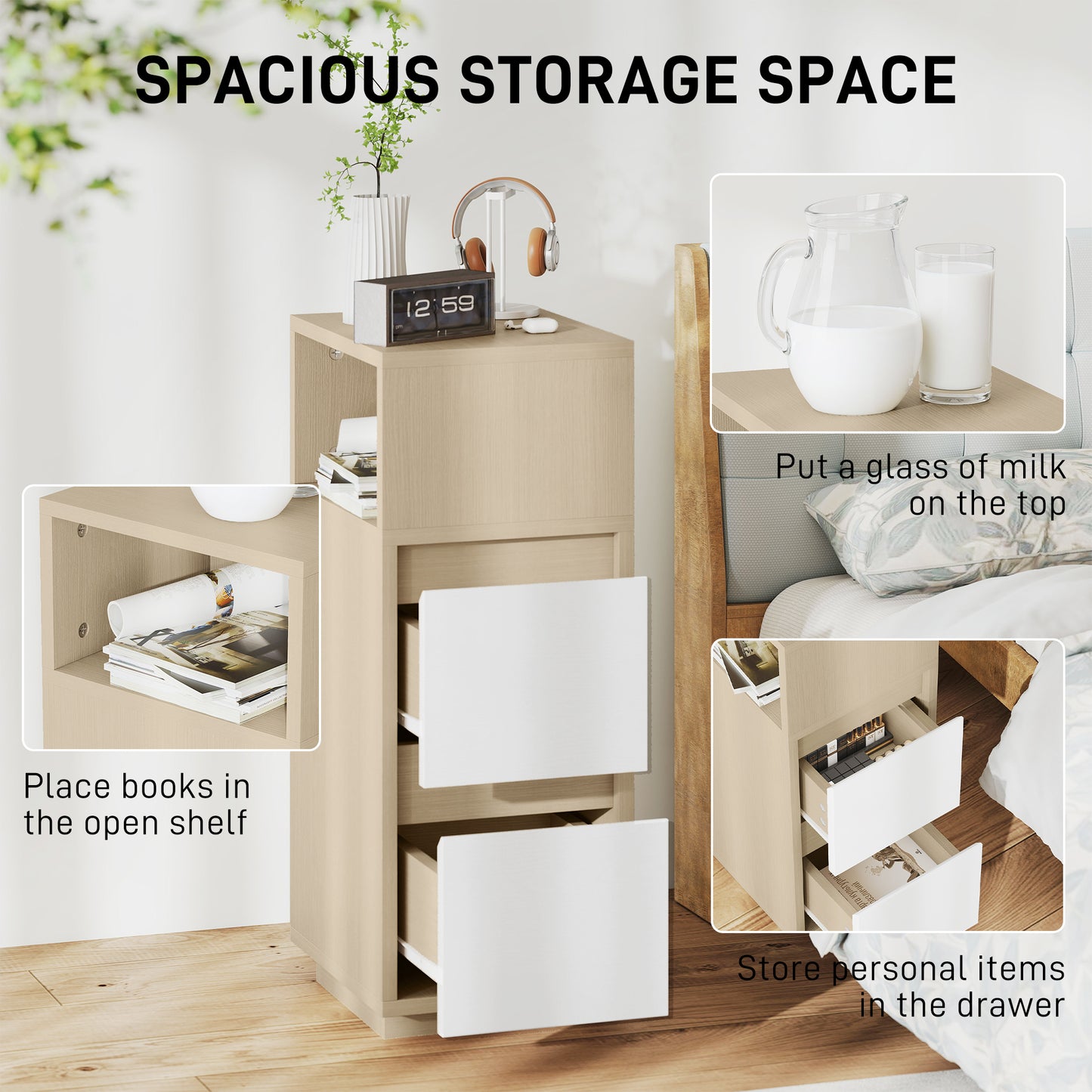 Noyo Natural Wood Finish Slim Bedside Table With 2 Drawers And Open Shelf