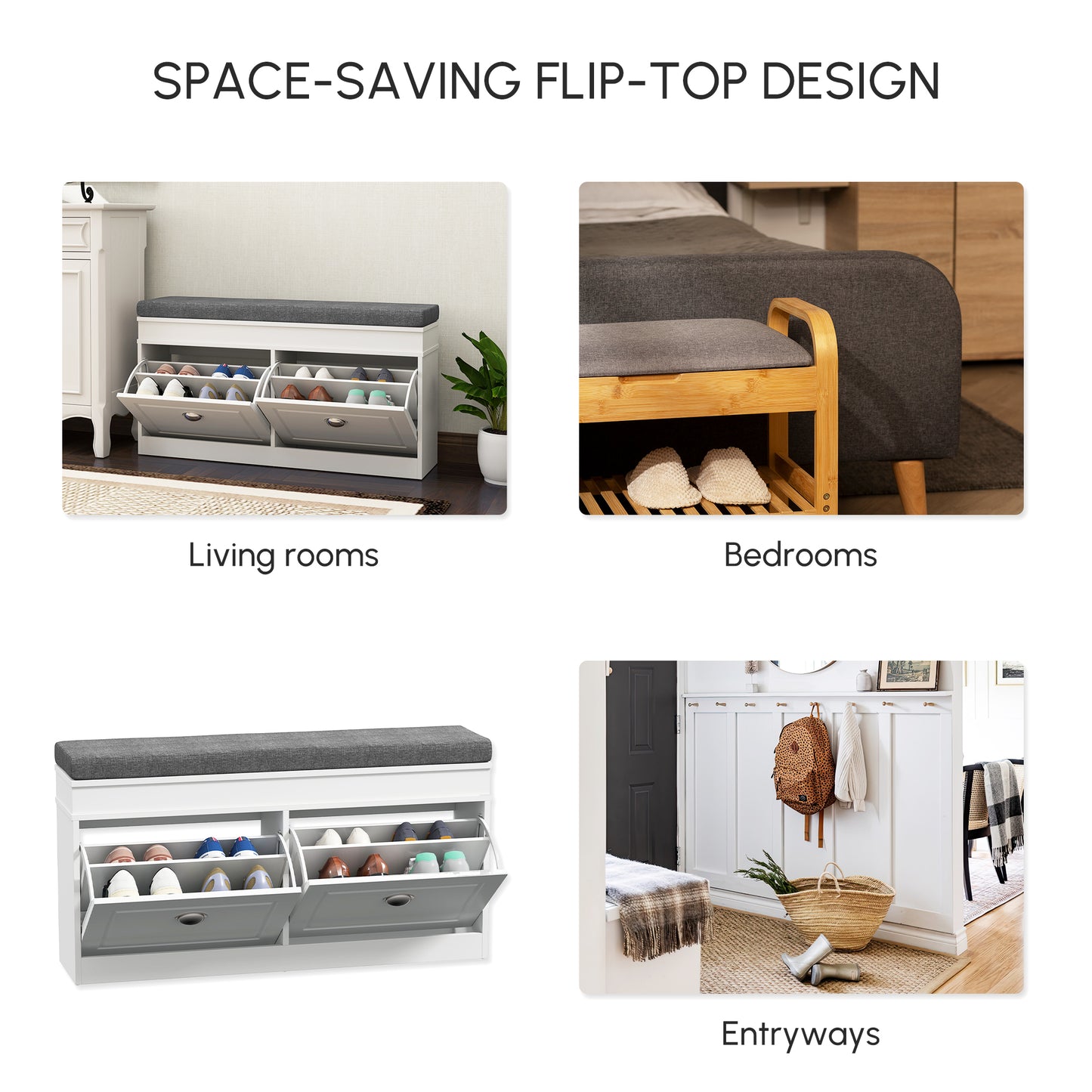 Nedola Wooden White Shoe Storage Bench With Cushioned Seat 2 Flip Drawers