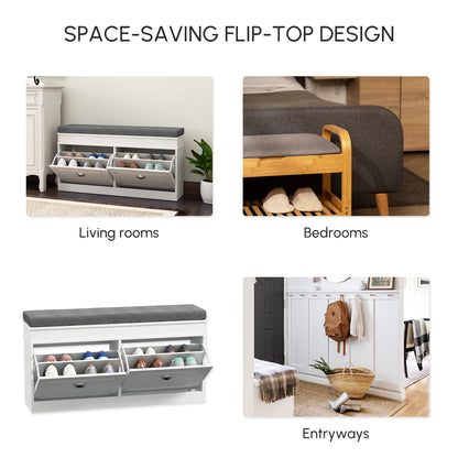 Nedola Wooden White Shoe Storage Bench With Cushioned Seat 2 Flip Drawers
