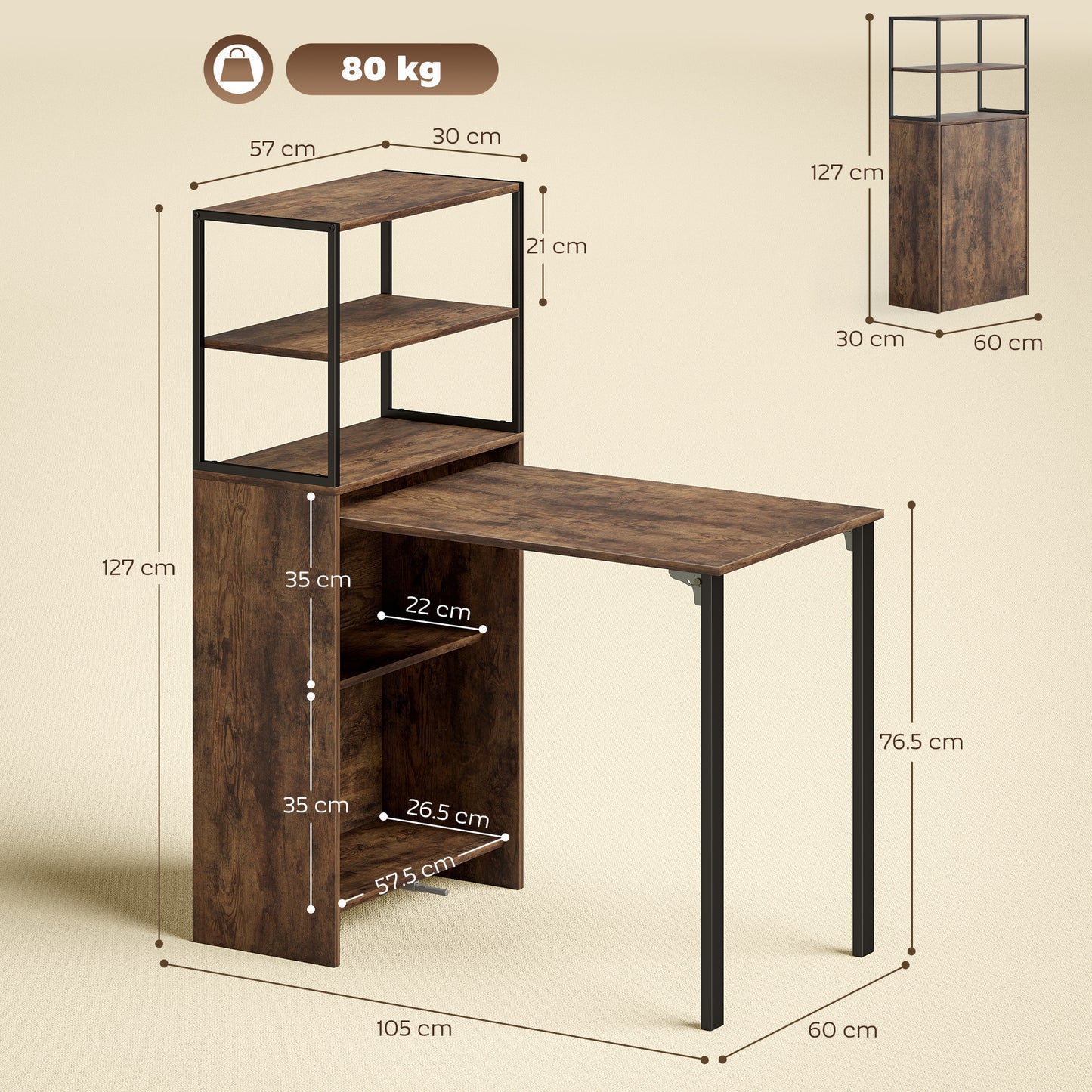 Serana 105cm Wooden Brown Folding Work Table With Integrated Shelving