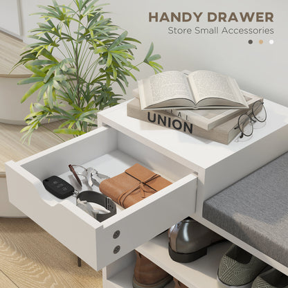 Norata Wooden White Multi Compartment Shoe Bench With Grey Cushioned Seat