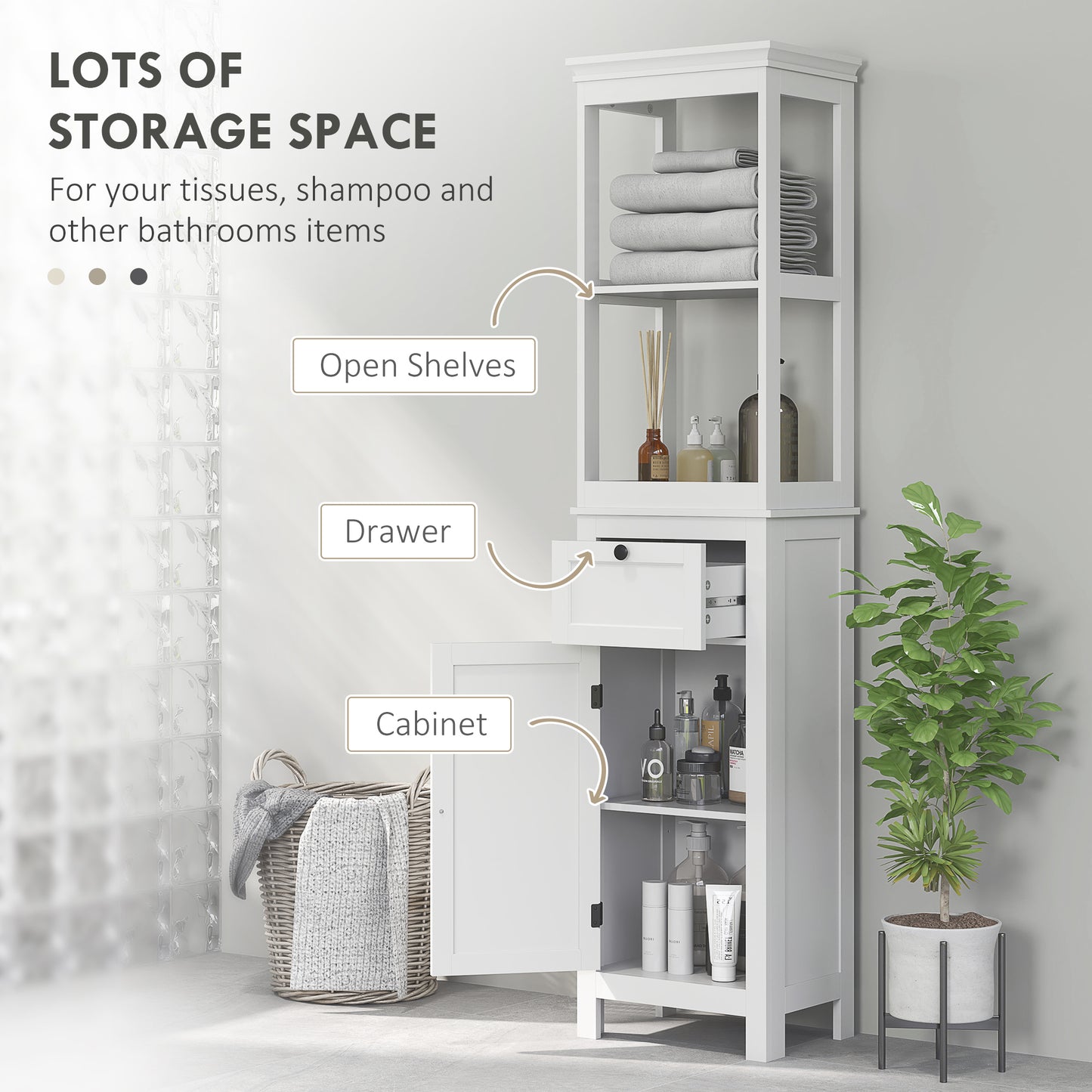 Ralo Tall Slim Bathroom Storage Cabinet With OFauxn Shelves Drawer And Soft Close Door White