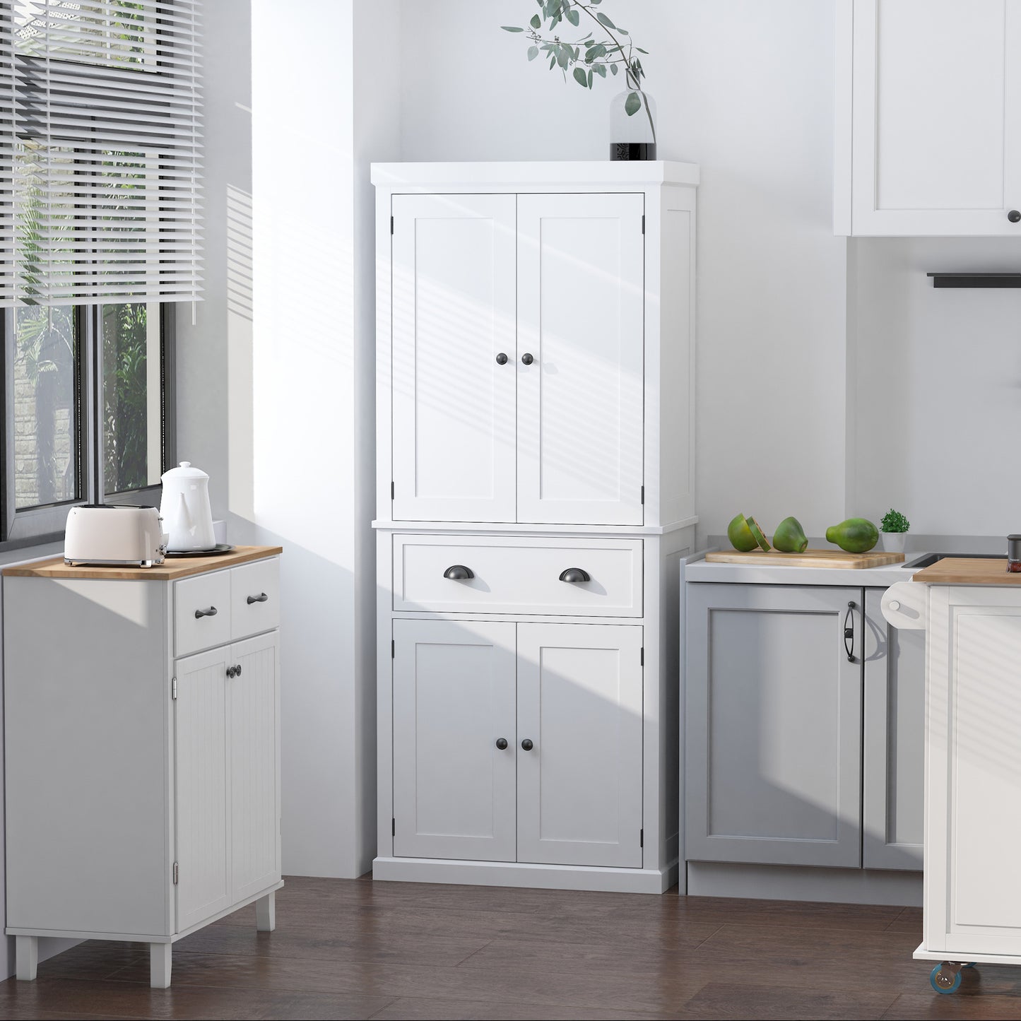 Fayo Wooden White Tall Colonial Style Kitchen Pantry Cabinet 4 Doors And Drawer