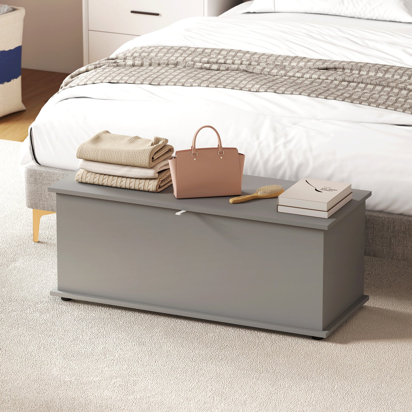 Fito Vima Grey Wood Storage Trunk With Flip Top Lid And Safety Hinges 113 Litre