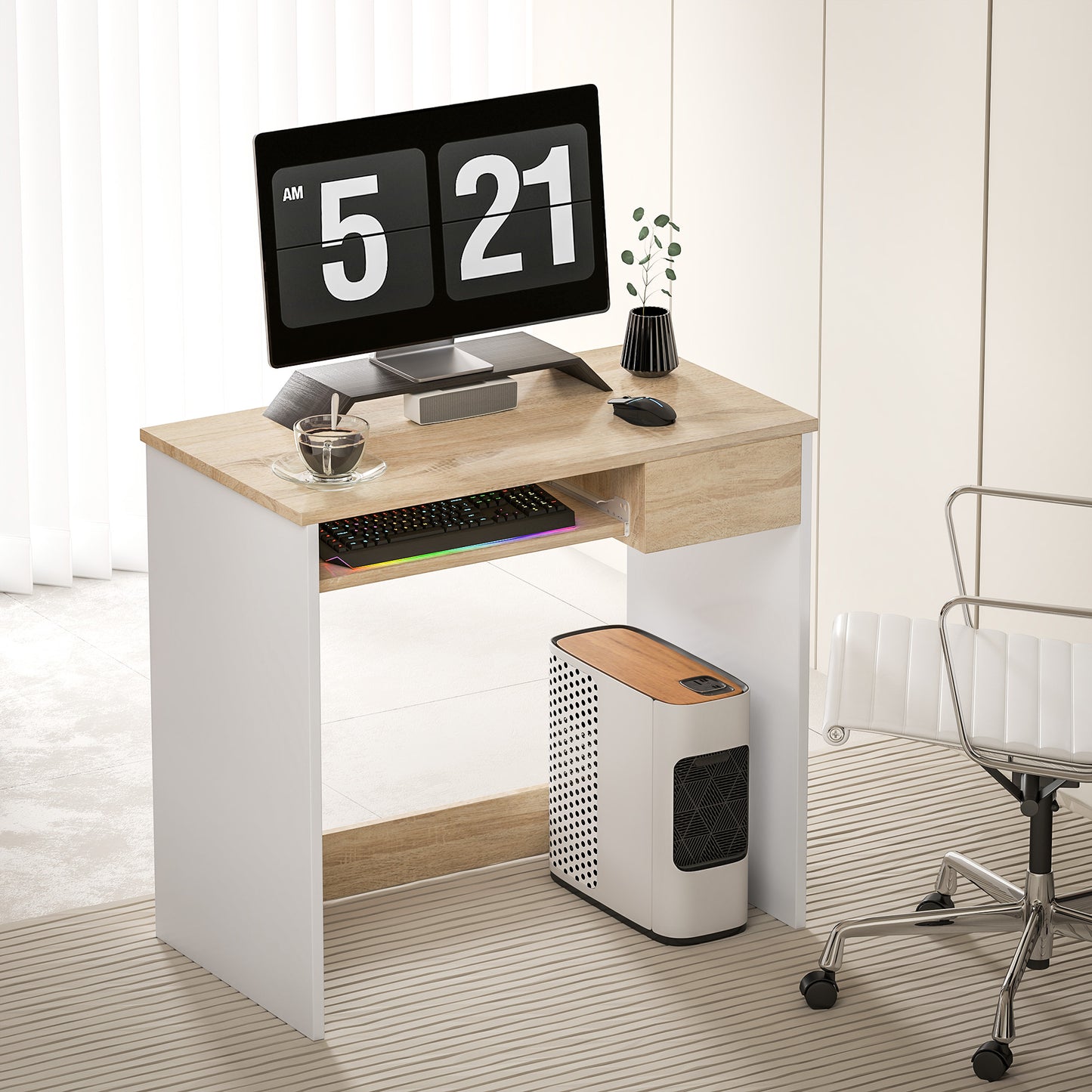 Vali 80cm Wooden Oak Compact Desk With Keyboard Tray And Drawer