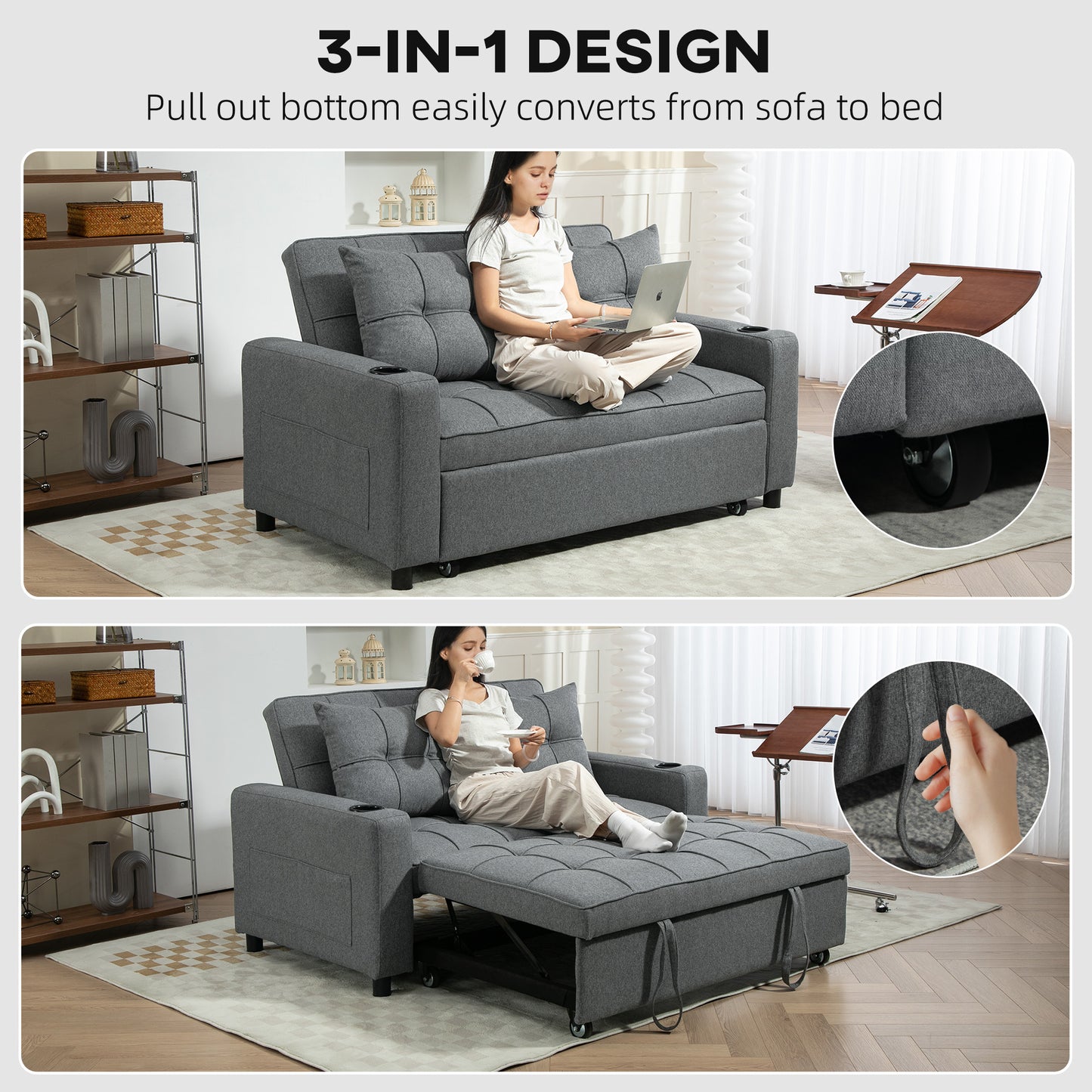 Rireel Diha Dark Grey Upholstered 2 Seater Pull Out Sofa Bed