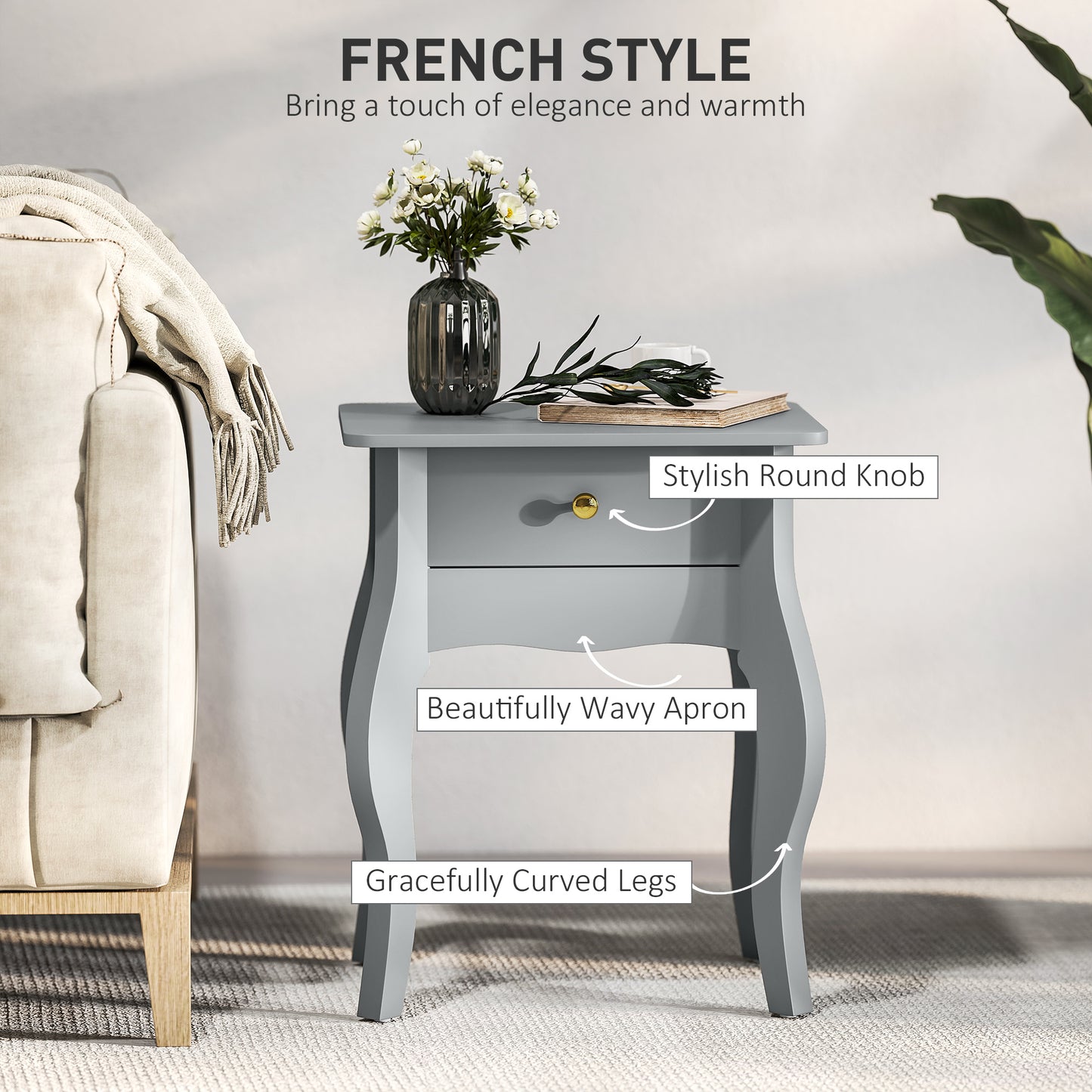 Noha Wooden Grey French Style Side Table With Drawer