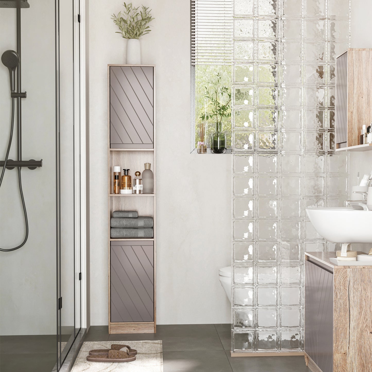Kaeldo Slim Bathroom Storage Cabinet With OFauxn Compartment Adjustable Shelves Grey And Oak