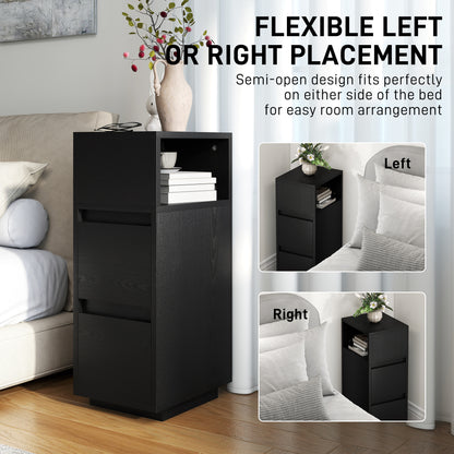 Susema Black Slim Bedside Table With 2 Drawers And Open Shelf
