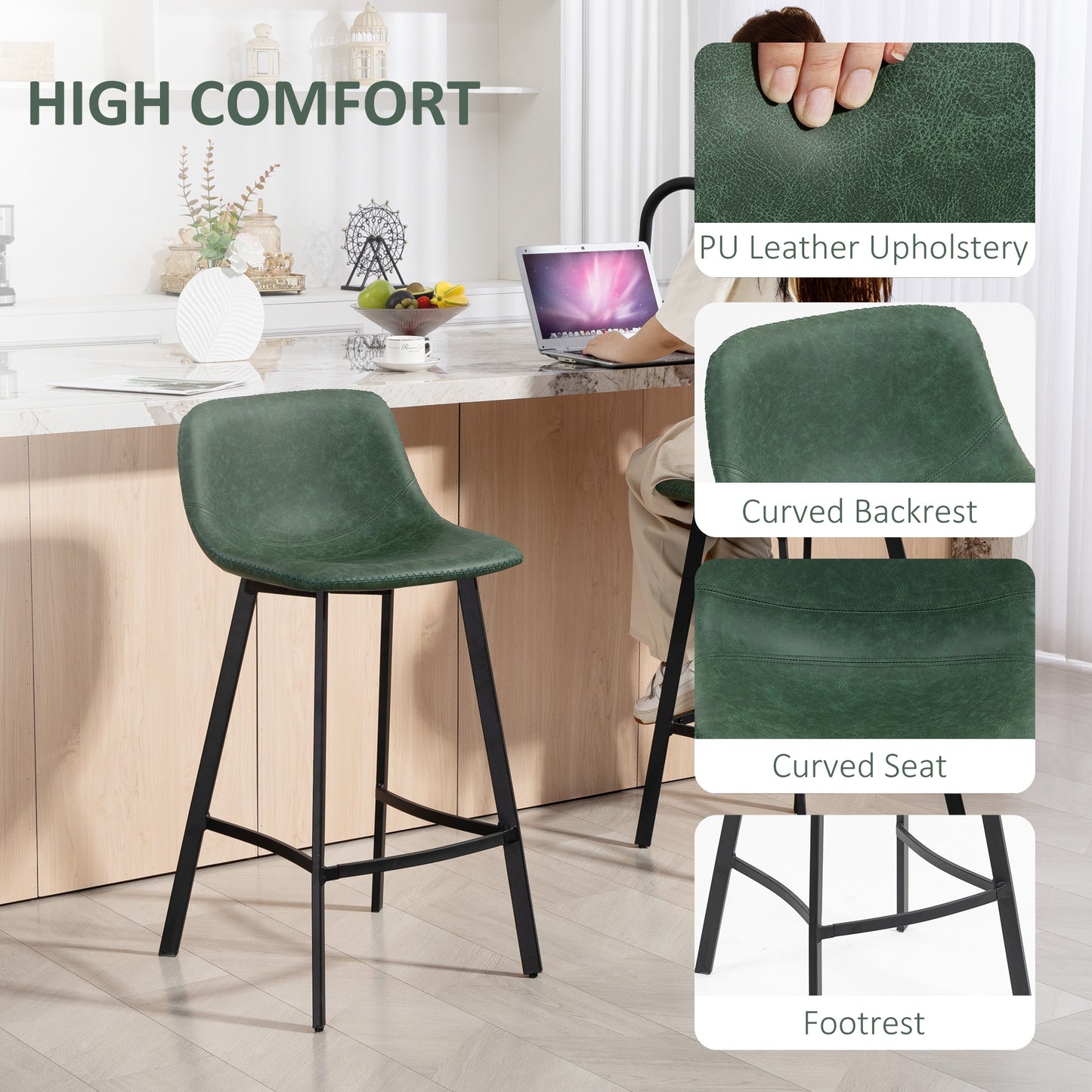 Noso Tane Set Of 2 Green Faux Leather Upholstered Dining Bar Stools
