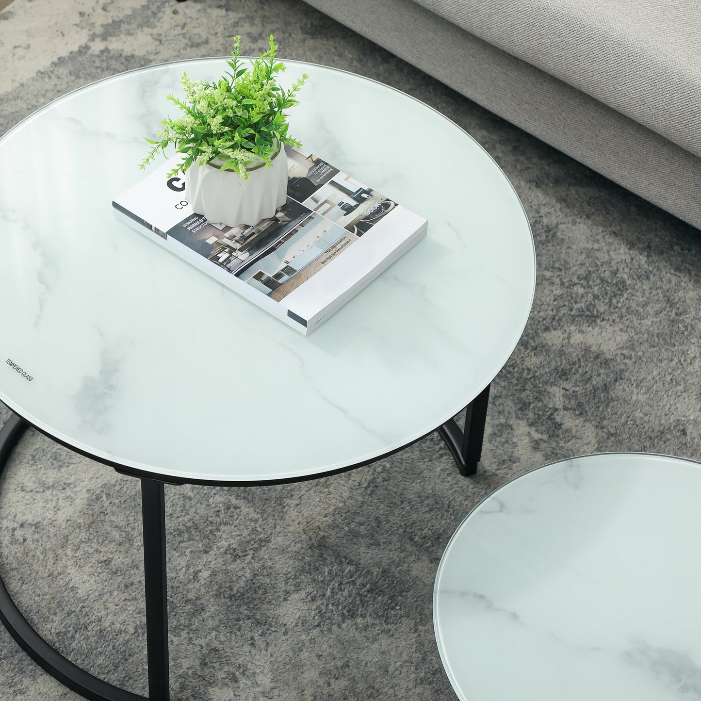 Sosuri Set Of 2 Round Nesting Tables Metal And Glass White With Marble Effect Tops