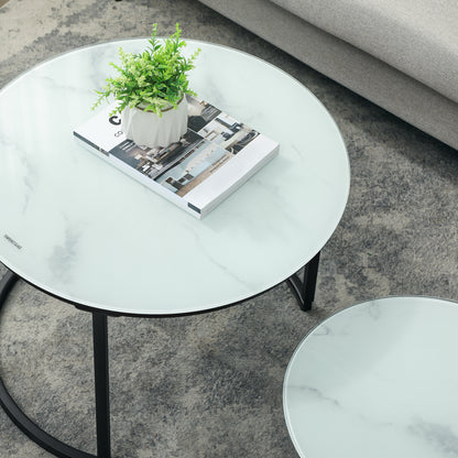 Sosuri Set Of 2 Round Nesting Tables Metal And Glass White With Marble Effect Tops