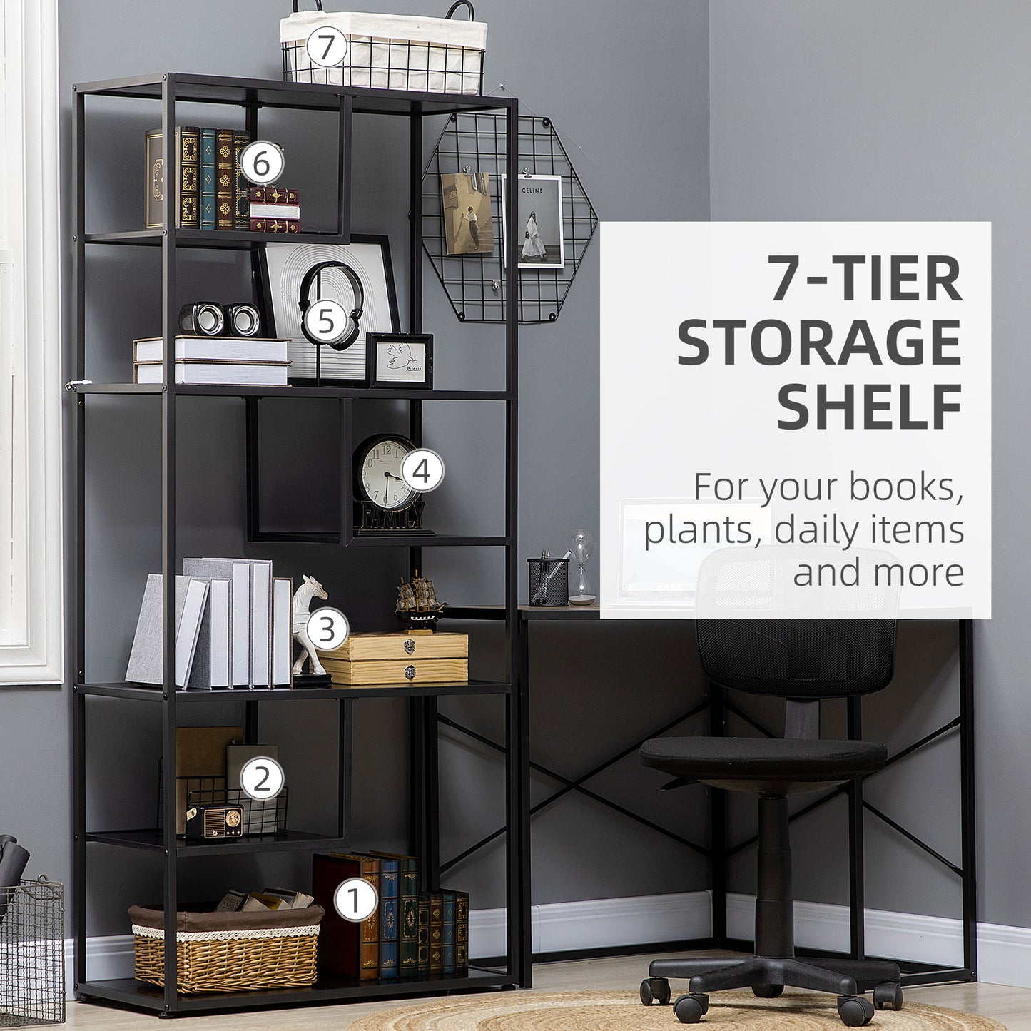Eldora Metal Black 7 Tier Industrial Display Bookcase