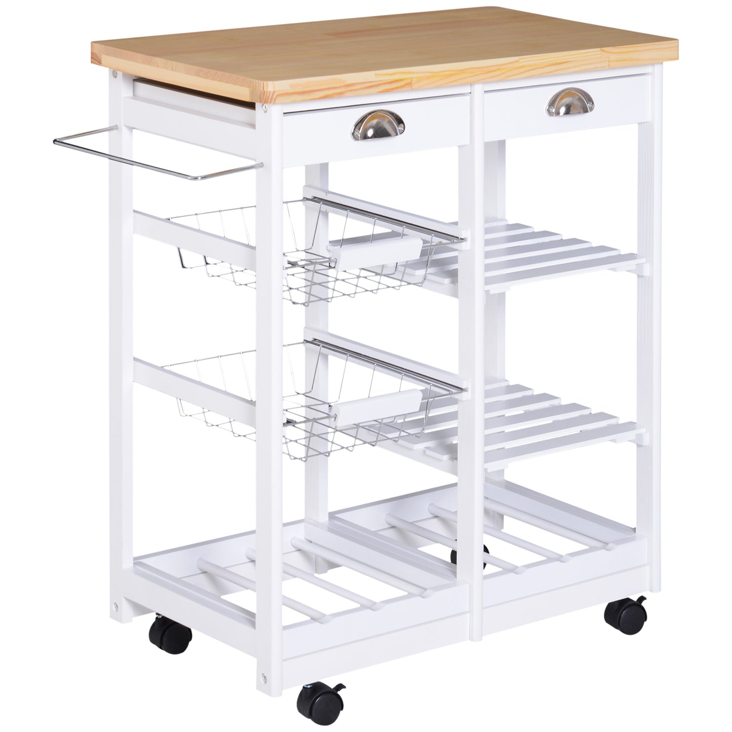 Lelifa Wooden White Rolling Kitchen Island With Drawers Shelves Baskets And Wine Rack