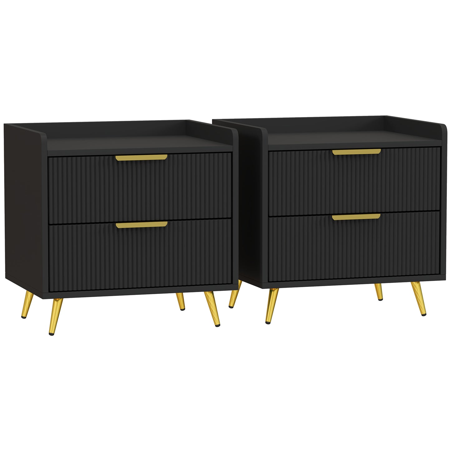 Veha Black Set Of 2 Elegant Ribbed 2 Drawer Bedside Tables Gold Handles